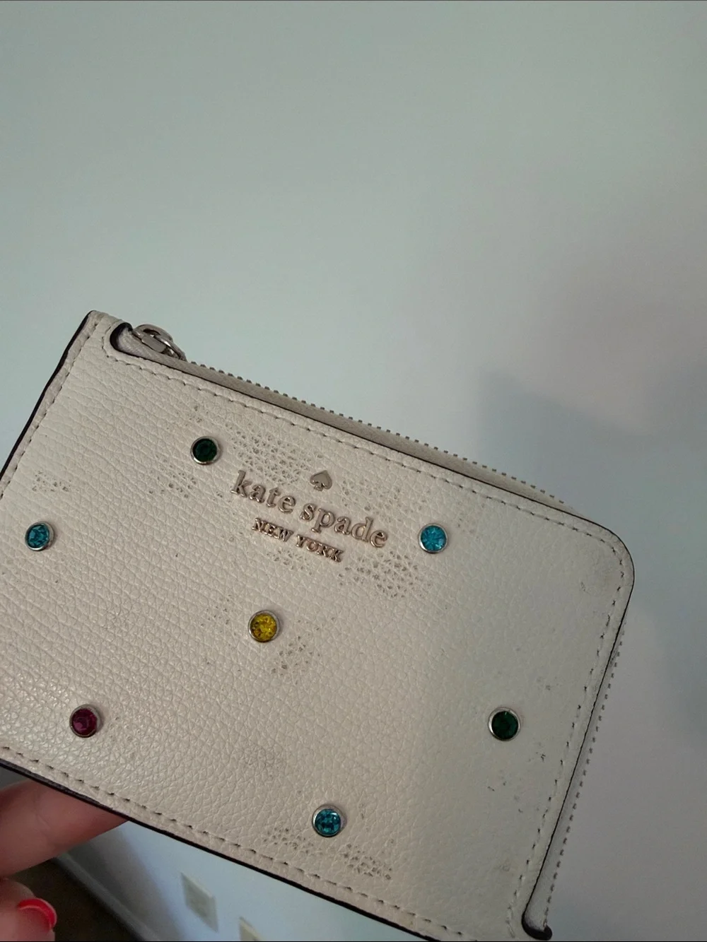 kate spade cream zip card holder with jeweled studs and key ring